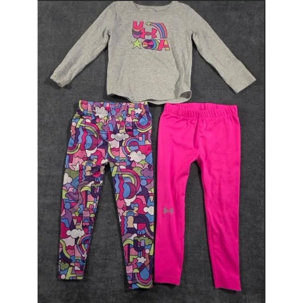 Under Armour Girls 3pc Set Long Sleeve Shirt & 2 Leggings Grey Pink Rainbow 4T 4